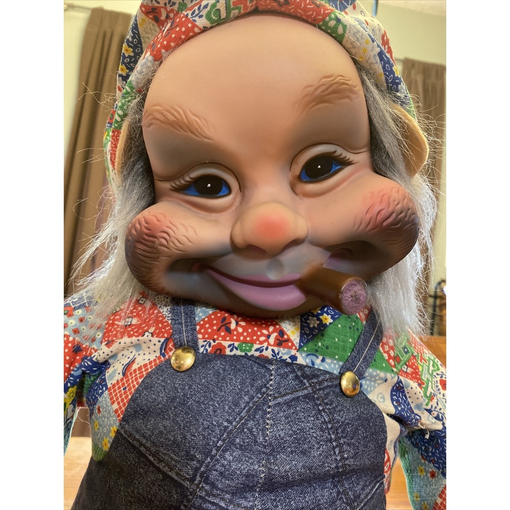 Vintage Large 32" Character Doll Vinyl Face Cigar Patchwork Shirt Denim Overalls
